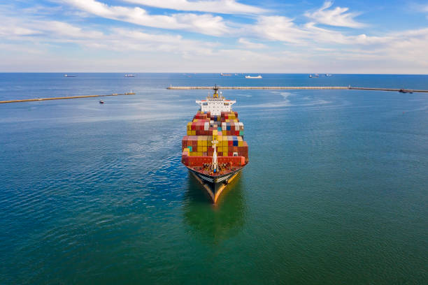 istock Aerial view of freight ship with cargo containers. 1266432782