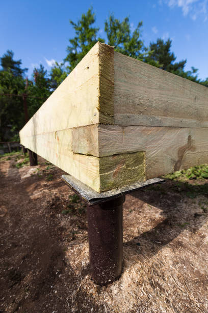 istock Wooden frame house foundation on screw piles 1266433724
