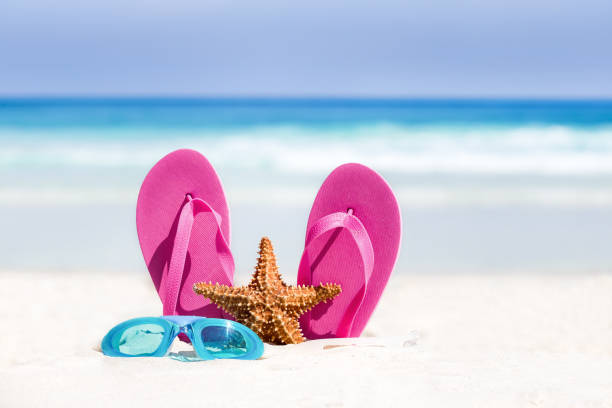 istock Pink flip flops, swimming glasses and starfish on white sandy beach 1266434022