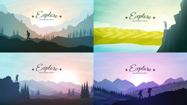 Vector landscape set. Travel concept of discovering, exploring and observing nature. The guy watches nature, riding at mountain bike, climbing to the top, going hike. Design for flyer, invitation Vector landscape set. Travel concept of discovering, exploring and observing nature. The guy watches nature, riding at mountain bike, climbing to the top, going hike. Design for flyer, invitation journey silhouettes stock illustrations