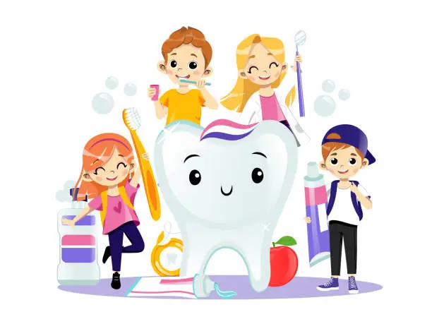 Vector illustration of Happy Smiling Kids Brushing Their Teeth. Teeth Healthcare Concept. Young Joyful Male And Female Characters, Dental Care Items And A Big Tooth On White Background. Flat Cartoon Style Vector Design