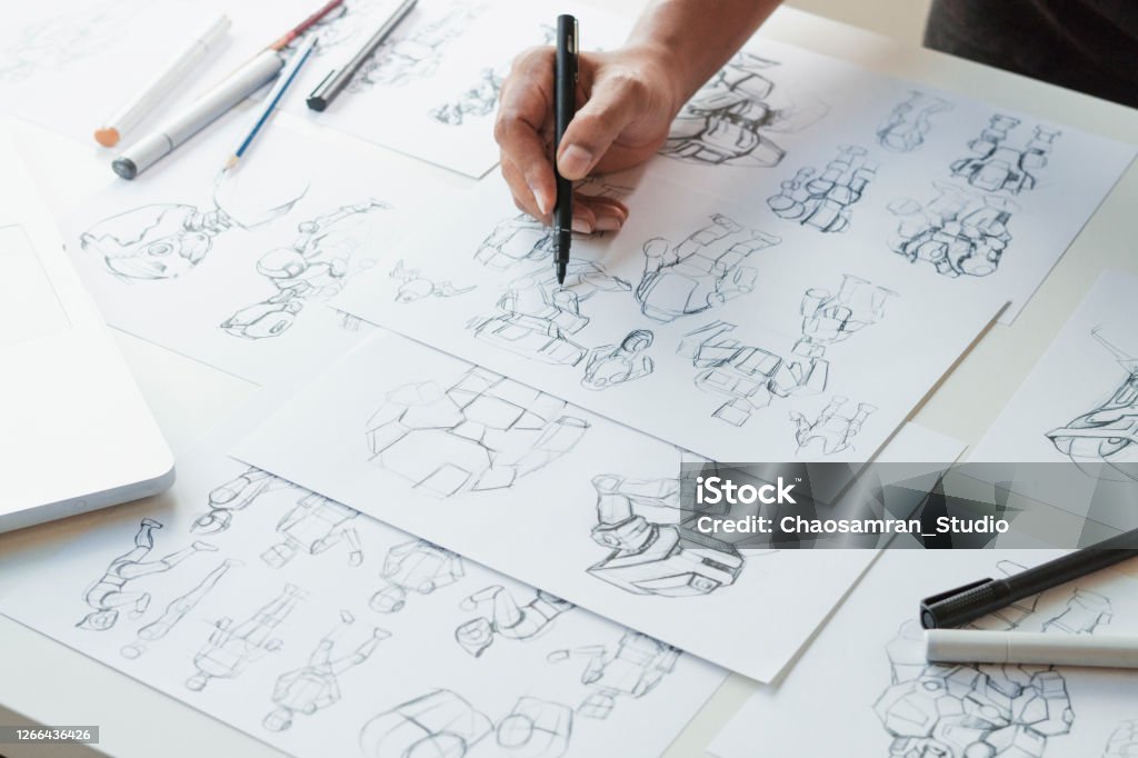 Animator designer Development designing drawing sketching development creating graphic pose characters sci-fi robot Cartoon illustration animation video game film production , animation design studio. Cartoon Stock Photo
