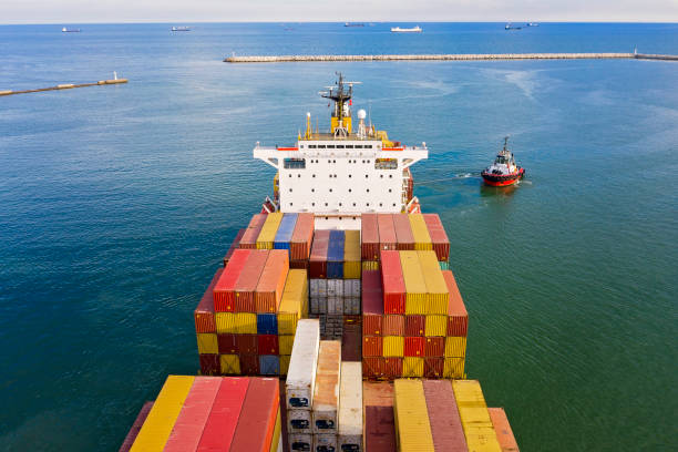 istock Aerial view of freight ship with cargo containers. 1266436991
