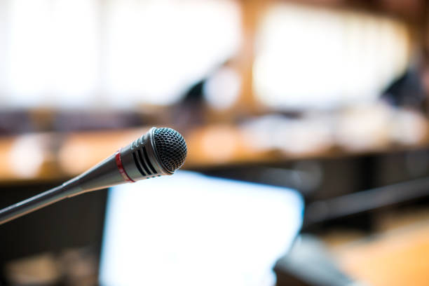 istock Conference room with microphone for presentation or meeting room prepare for speaker and speech about education lecture in university performance in seminar 1266437455