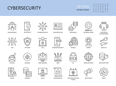 Cybersecurity vector icons. Editable stroke. Access control app network security, data protection backup software update 2fa. Encryption spam messages antivirus phishing malware, vpn password firewall