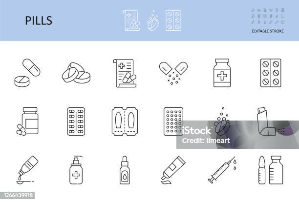 Vector Medicine Pills Icons Editable Stroke Bottle Drug Tablet Capsule Treatment Vitamin Antiseptic Ointment Suppository Contraceptives Antibiotic Probiotic Prebiotic Injection Syringe Stock Illustration - Download Image Now