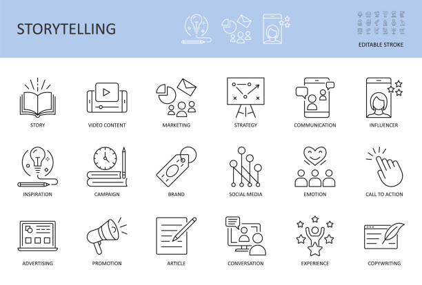 Vector storytelling icons. Editable stroke. Story content marketing strategy, campaign advertising brand social media. Conversation promotion article inspiration, copywriting call to action influencer Vector storytelling icons. Editable stroke. Story content marketing strategy, campaign advertising brand social media. Conversation promotion article inspiration copywriting call to action influencer. contented emotion stock illustrations