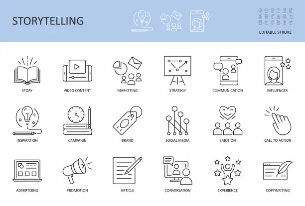 Vector illustration of Vector storytelling icons. Editable stroke. Story content marketing strategy, campaign advertising brand social media. Conversation promotion article inspiration, copywriting call to action influencer