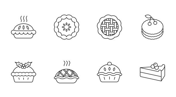 illustrations, cliparts, dessins animés et icônes de tarte vectorielle, icônes de gâteau. trait modifiable. dessert aux fraises aux pommes avec gâteau au fromage à la confiture de citrouille. noël avec gui, doux avec la cerise - cake pie apple pie apple