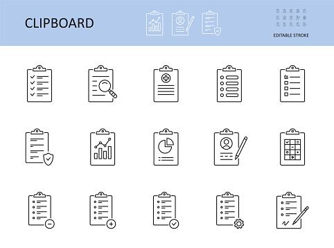 Vector clipboard icon. Editable stroke. To-do list, check sheet and pencil pen. Icons registration form, test questionnaire survey. Checklist with gears magnifier graph chart, data protection privacy.