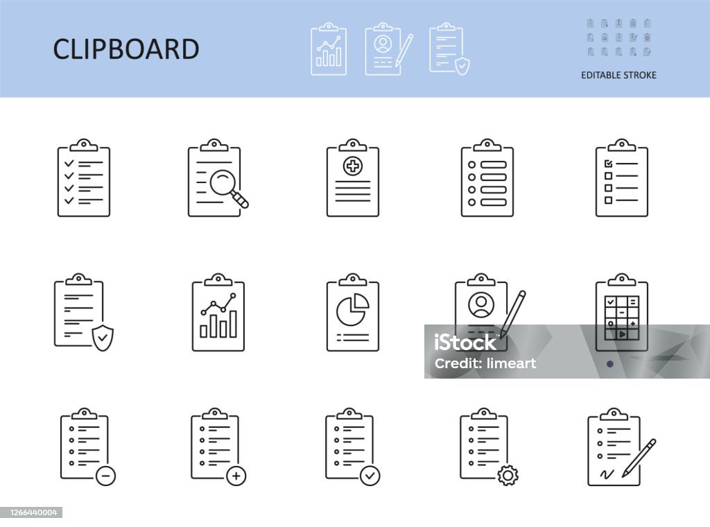 Vector clipboard icon. Editable stroke. To-do list, check sheet and pencil pen. Icons registration form, test questionnaire survey. Checklist with gears magnifier graph chart, data protection privacy Vector clipboard icon. Editable stroke. To-do list, check sheet and pencil pen. Icons registration form, test questionnaire survey. Checklist with gears magnifier graph chart, data protection privacy. Icon stock vector