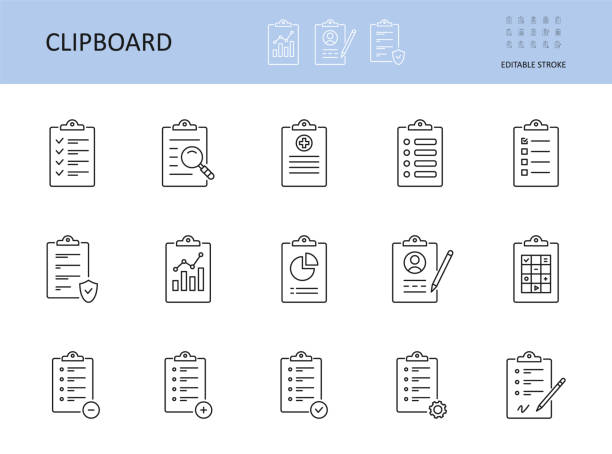 Vector clipboard icon. Editable stroke. To-do list, check sheet and pencil pen. Icons registration form, test questionnaire survey. Checklist with gears magnifier graph chart, data protection privacy Vector clipboard icon. Editable stroke. To-do list, check sheet and pencil pen. Icons registration form, test questionnaire survey. Checklist with gears magnifier graph chart, data protection privacy. clipboard stock illustrations
