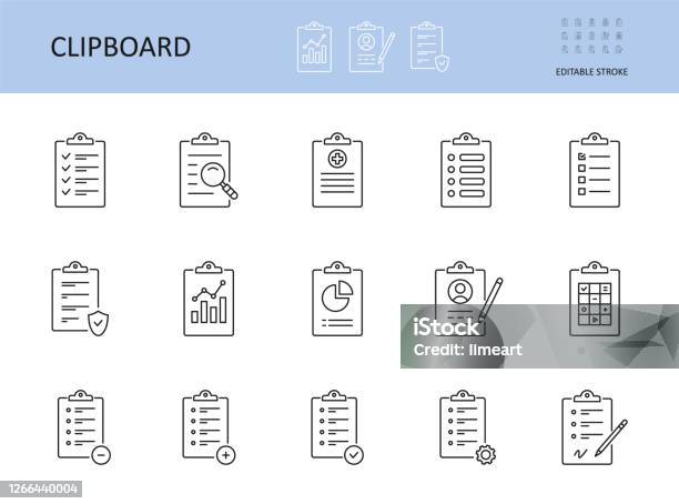 Vector Clipboard Icon Editable Stroke Todo List Check Sheet And Pencil Pen Icons Registration Form Test Questionnaire Survey Checklist With Gears Magnifier Graph Chart Data Protection Privacy Stock Illustration - Download Image Now