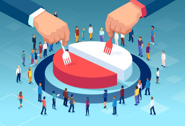 Vector of two big business men dividing financial pie chart, profits with people standing around Vector of two big businessmen dividing financial pie chart, profits with people standing around shareholder stock illustrations