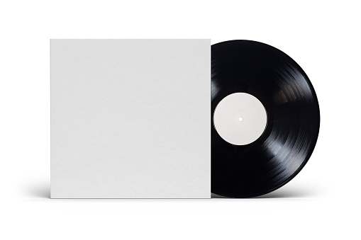 Grabación LP de vinilo de 12 pulgadas en cubierta de cartón sobre fondo blanco. photo