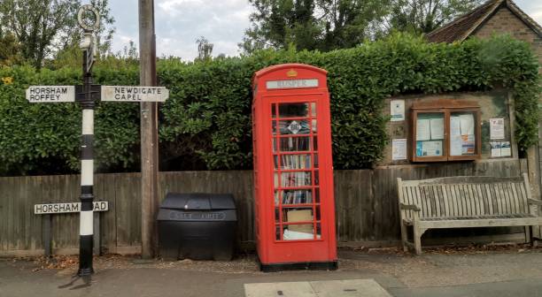 istock Urban direction signs, phone booth library and wooden bench 1266445040