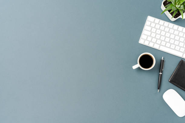 istock Overhead shot of office desktop with copyspace 1266445349