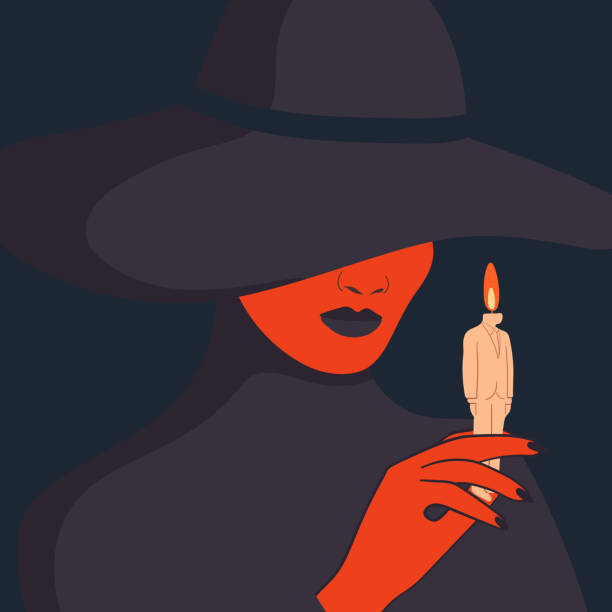 Emotional burnout in a relationship or at work concept. Femme fatale in black clothes and a hat. A woman holds a burning candle in the shape of a man. Modern flat design vector illustration. femme fatale stock illustrations