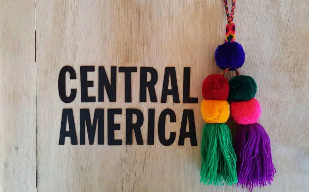 Graphic about travel to Central America with colourful items, block letters and local handicrafts