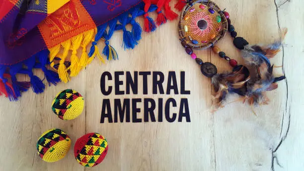 Graphic about travel to Central America with colourful items, block letters and local handicrafts