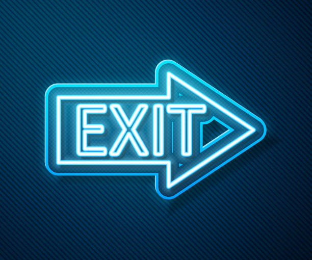 Glowing neon line Fire exit icon isolated on blue background. Fire emergency icon. Vector Illustration Glowing neon line Fire exit icon isolated on blue background. Fire emergency icon. Vector Illustration exit sign stock illustrations