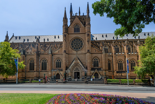 Sydney, Australia - August 12, 2020 - The cathedral is the church of the Roman Catholic Archdiocese of Sydney and the seat of the Archbishop of Sydney