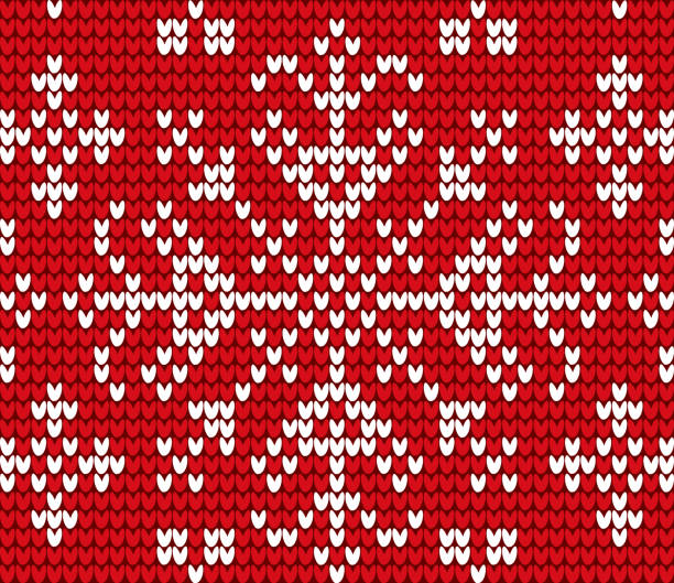 Snowflake Embroidery on Red in Closeup Vector Snowflake embroidered with threads on canvas vector. Needlecraft with cross stitches technique. Decoration of clothes and winter sweaters. Christmas theme seamless pattern flat style illustration backstitch stock illustrations