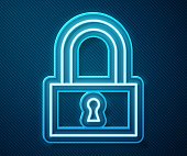 istock Glowing neon line Lock icon isolated on blue background. Padlock sign. Security, safety, protection, privacy concept. Vector Illustration 1266452648