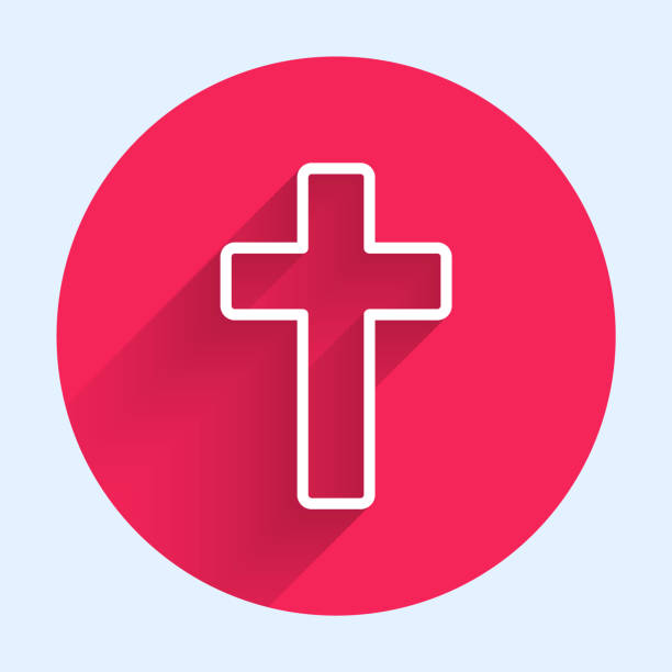White line Christian cross icon isolated with long shadow. Church cross. Red circle button. Vector Illustration White line Christian cross icon isolated with long shadow. Church cross. Red circle button. Vector Illustration crucifix illustrations stock illustrations