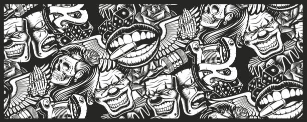 Seamless pattern on tattoo theme with a skull Seamless pattern on tattoo theme with a skull, mask, tattoo machine, and other elements tattoo. Ideal for printing for fabric, wall decoration, and many other uses tattoo seamless texture stock illustrations