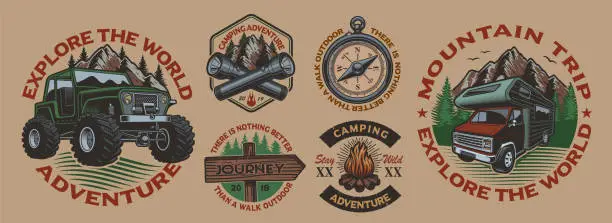 Vector illustration of Set of color vintage badges for the camping theme on the white background