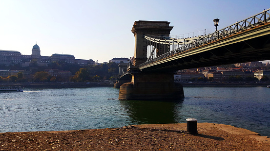 View of the iconic Széchenyi chain bridge in Budapest city.
