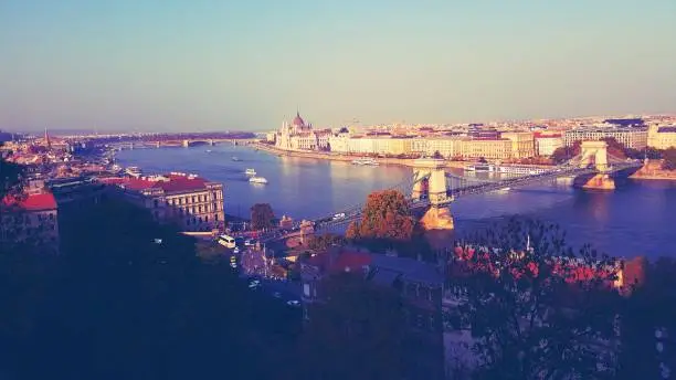 View over the Danube River from Buda Castle in Budapest. In the background: the Hungarian Parliament building on the Danube river bank