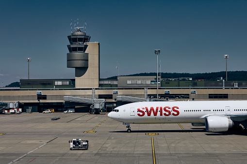Zurich, Switzerland - August 07, 2020: Flagship of Swiss International Air Lines Boeing 777-300ER during taxiing at Zurich Airport on August 07, 2020.