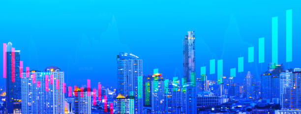 istock panoramic banner for website, double exposure stock graph candlestick with cityscape view, business financial graph concept 1266462051