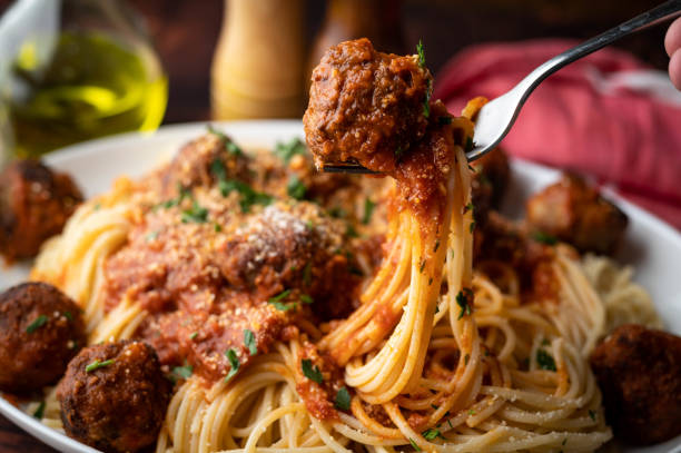istock meatball spaghetti with tomato sauce 1266465040