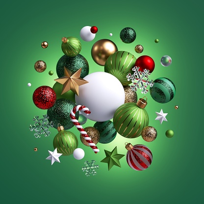 istock 3d render, adornos de vacaciones de Navidad levitar. Bolas de cristal blanco verde rojo, caña de caramelo, estrellas doradas, copos de nieve de cristal aislados sobre fondo verde. Disposición de objetos levitantes 1266468423