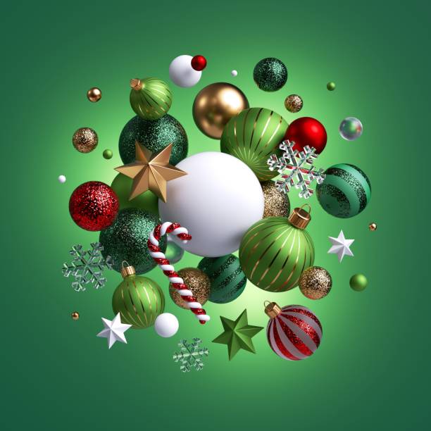3d render, christmas holiday ornaments levitate. red green white glass balls, candy cane, golden stars, crystal snowflakes isolated on green background. arrangement of levitating objects - xmas toys snowflake imagens e fotografias de stock