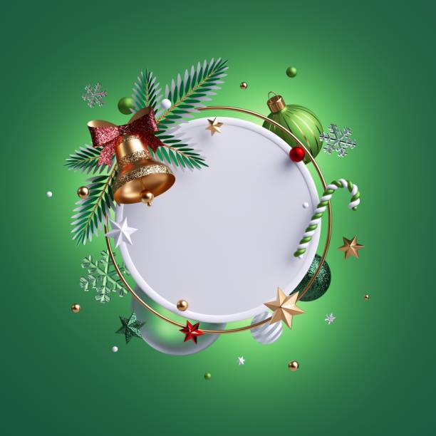 3d render, Christmas round frame isolated on green background. Golden bell with red bow. Blank greeting card mockup, xmas ornaments, glass balls, snowflakes and candy cane