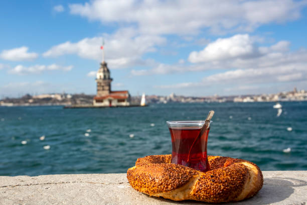 istock Maiden Tower and Turkish bagel with Turkish tea, Istanbul / Turkey 1266469880