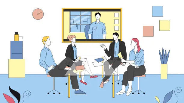 Vector illustration of Remote Video Meeting Between Coworkers. Four Characters Sitting In The Office Having Video Call With Colleague. Linear Composition With Outline. Concept Vector Illustration. Modern Technology Working