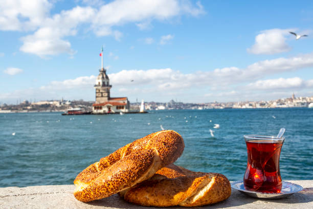 istock Maiden Tower and Turkish bagel with Turkish tea, Istanbul / Turkey 1266470144