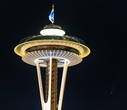 Seattle, Jul 17th, 2020: The Neowise comet early in the evening with the Space Needle in the foreground.