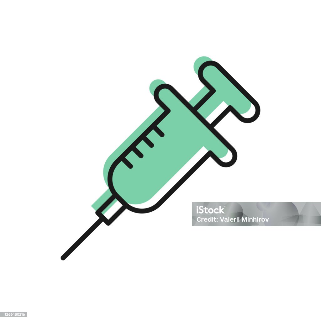 흰색 배경에 격리 된 검은 줄 주사기 아이콘. 백신, 예방 접종, 주사, 독감 주사용 주사기. 의료 장비. 벡터 - 로열티 프리 백신접종 벡터 아트
