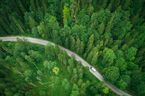 Aerial perspective of a motor home driving down a road through the forest Mountainous road and lush forest mobile home stock pictures, royalty-free photos & images