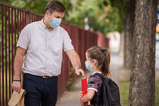 istock Father and daughter with protective masks going to school together 1266485274