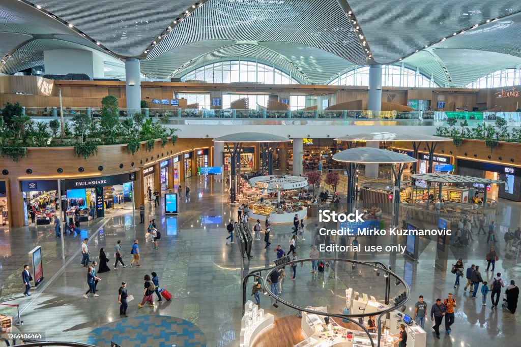 Duty Free Shops and Food Court at new Istanbul Airport’s International Departures Terminal, Istanbul Havalimani in Turkey Istanbul / Turkey - September 14, 2019: Duty Free Shops and Food Court at new Istanbul Airport’s International Departures Terminal, Istanbul Havalimani in Turkey Shopping Mall Stock Photo