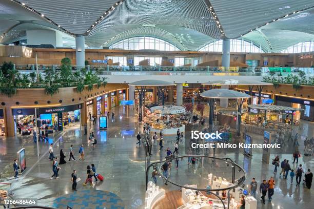 Duty Free Shops And Food Court At New Istanbul Airports International Departures Terminal Istanbul Havalimani In Turkey Stock Photo - Download Image Now