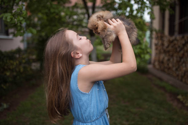 One young girl playing with her puppies in the backyard on sunny day