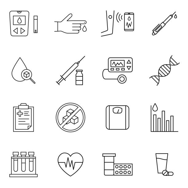 Diabetes mellitus treatment and prevention line icons set. Signs in outline style such as blood glucose monitoring, insulin pen and syringe, pump, test strips. Concept of healthcare Diabetes mellitus treatment and prevention line icons set. Signs in outline style such as blood glucose monitoring, insulin pen and syringe, pump, test strips. Concept of healthcare diabetes stock illustrations